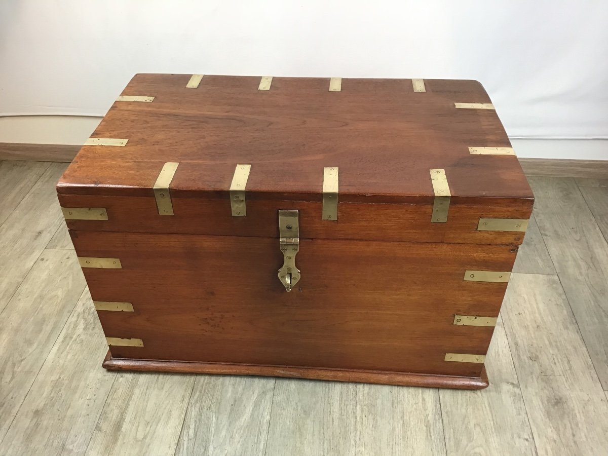 Marine Trunk Solid Teak Brass Reinforcements 19th Century Travel Trunk Secret Compartment-photo-2