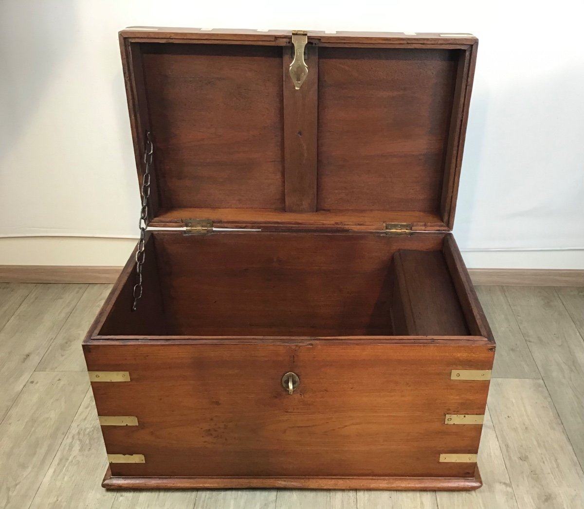 Marine Trunk Solid Teak Brass Reinforcements 19th Century Travel Trunk Secret Compartment-photo-4