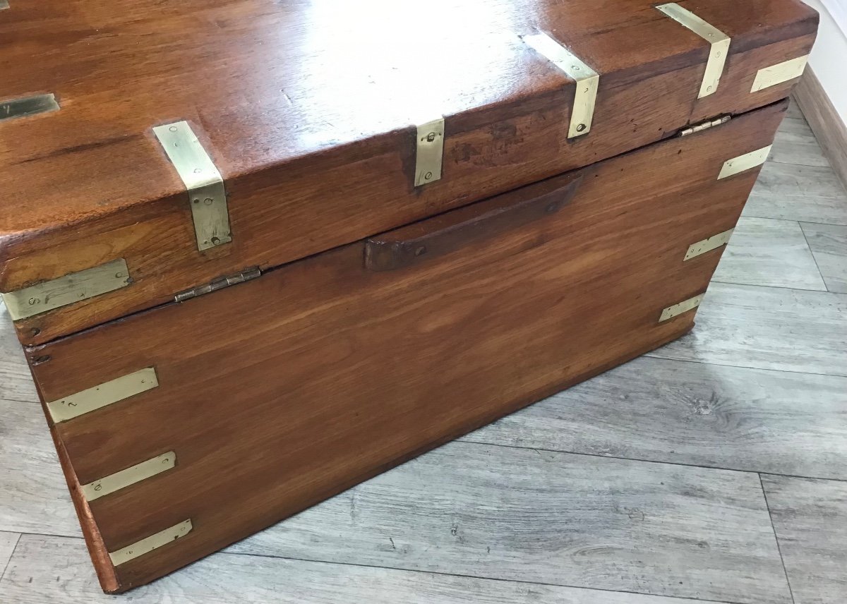 Marine Trunk Solid Teak Brass Reinforcements 19th Century Travel Trunk Secret Compartment-photo-1