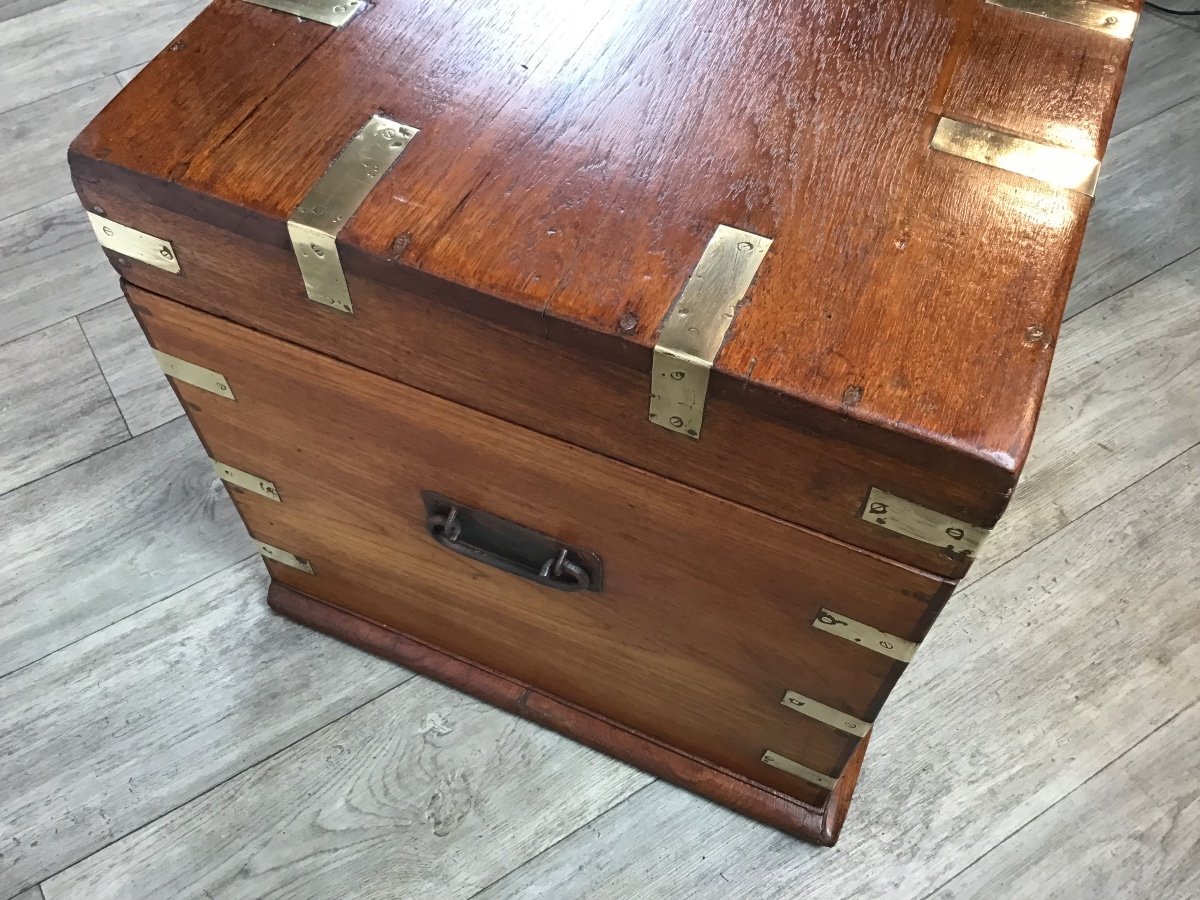 Marine Trunk Solid Teak Brass Reinforcements 19th Century Travel Trunk Secret Compartment-photo-2