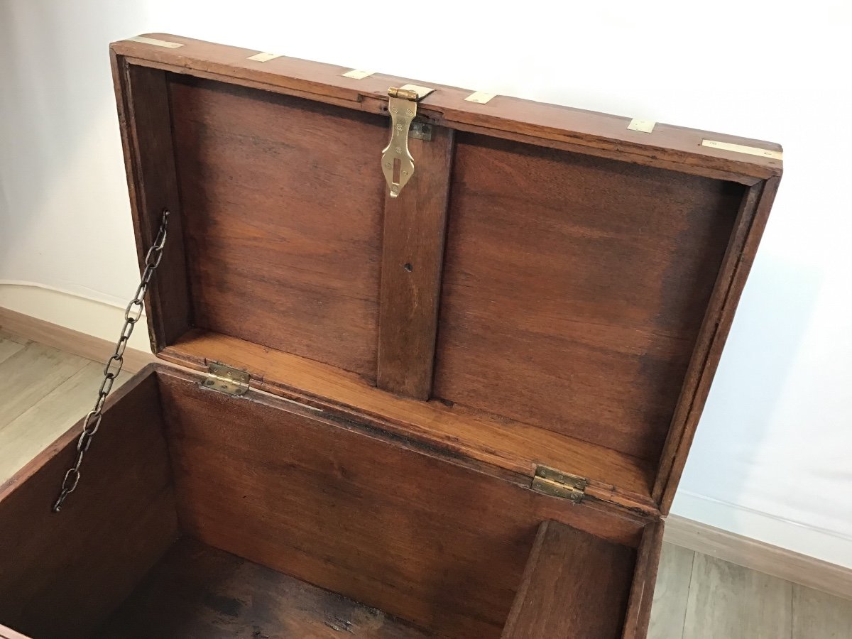 Marine Trunk Solid Teak Brass Reinforcements 19th Century Travel Trunk Secret Compartment-photo-4