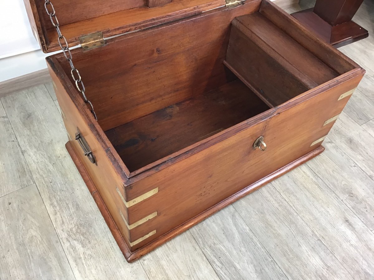 Marine Trunk Solid Teak Brass Reinforcements 19th Century Travel Trunk Secret Compartment-photo-5