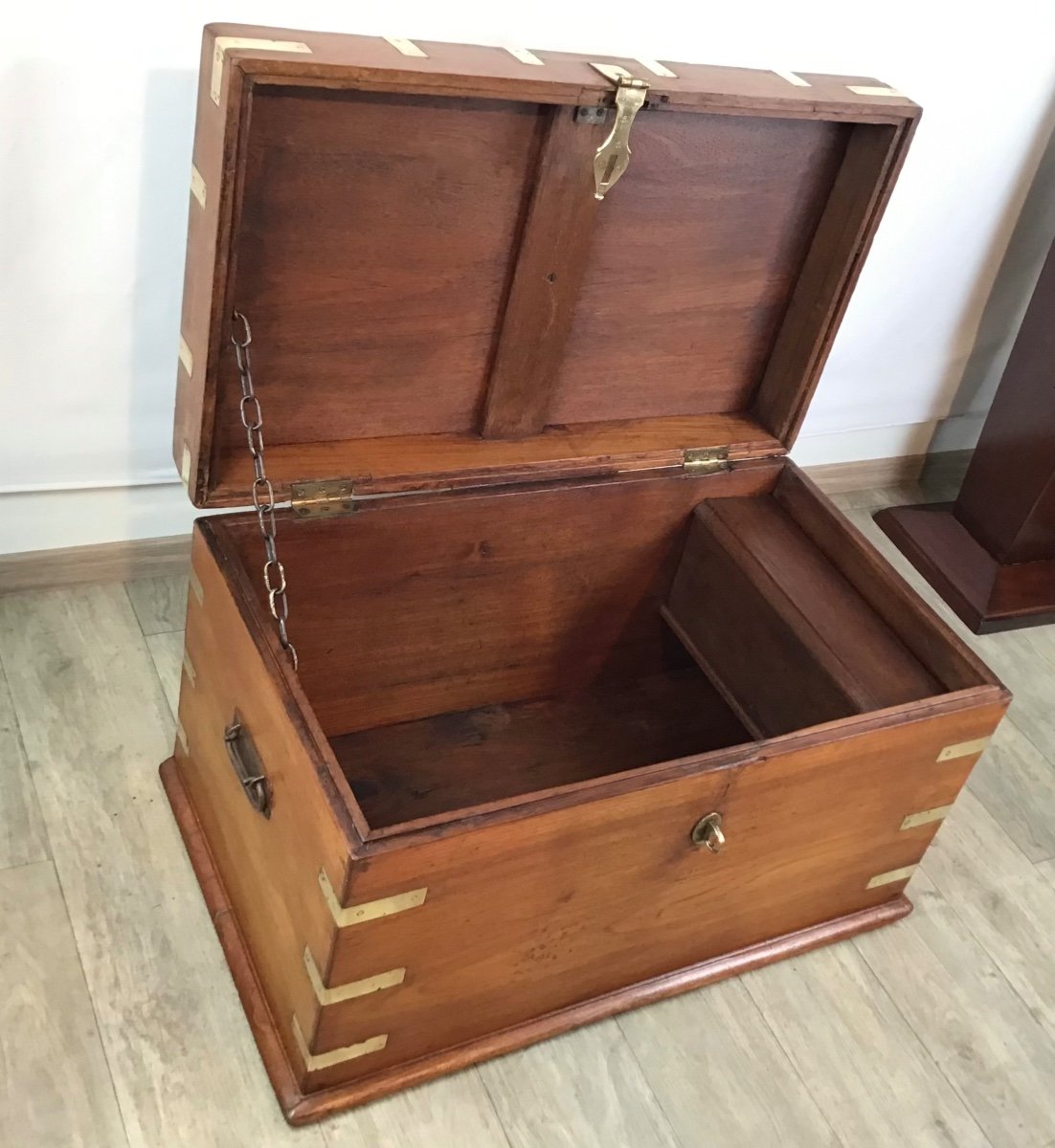 Marine Trunk Solid Teak Brass Reinforcements 19th Century Travel Trunk Secret Compartment-photo-6