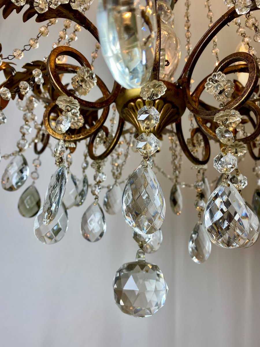 Chandelier With 8 Arms Of Light In Golden Metal And Numerous Tassels-photo-3