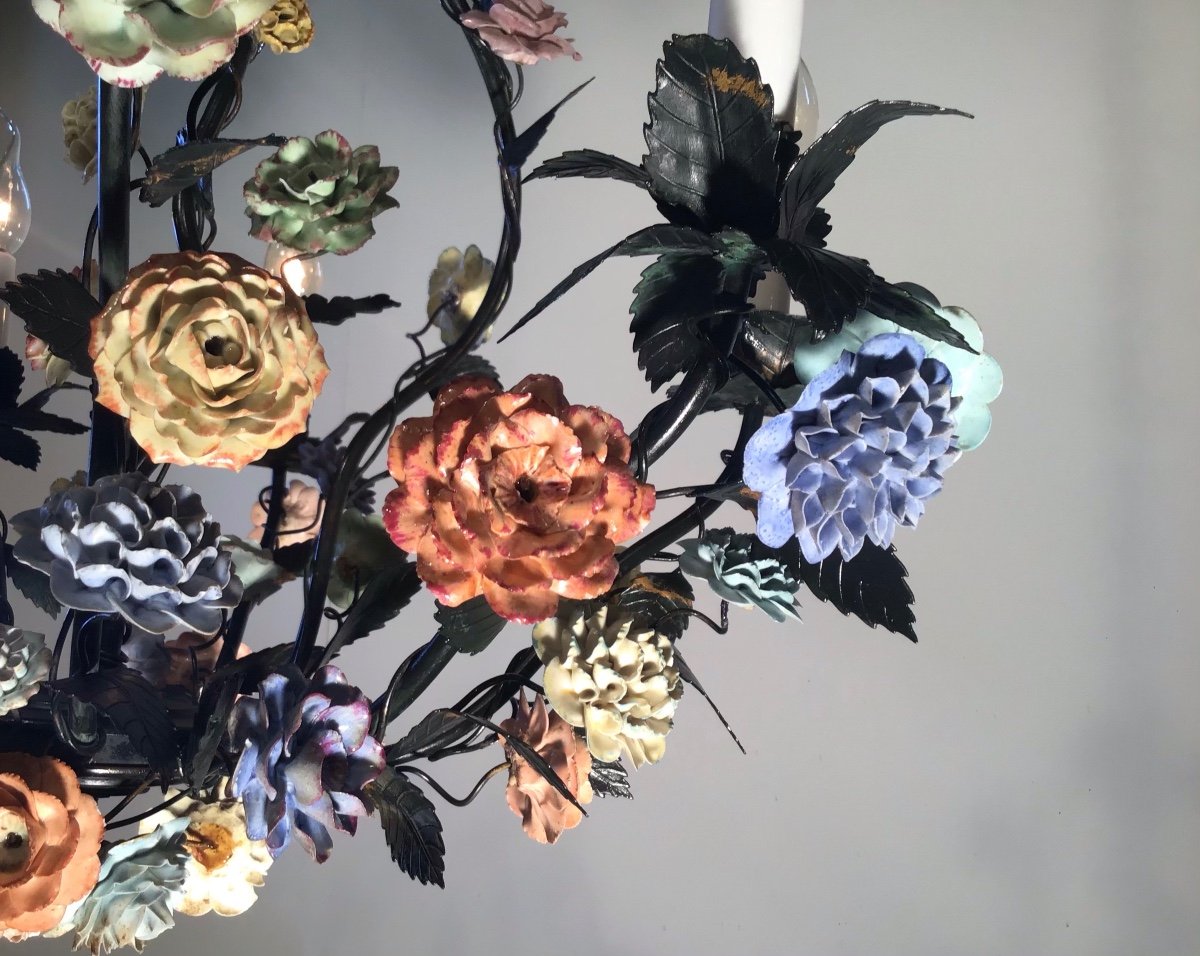 Chandelier With Large Multicolored Porcelain Flowers With 6 Lights, Dark Green Metal Structure-photo-4