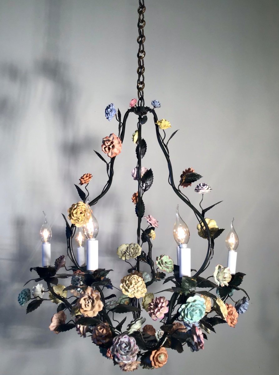 Chandelier With Large Multicolored Porcelain Flowers With 6 Lights, Dark Green Metal Structure-photo-5