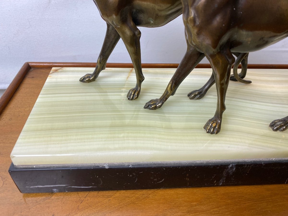 Sculpture Young Woman And Her Two Greyhounds Regulates With Bronze Patina On Onyx And Marble Base -photo-3