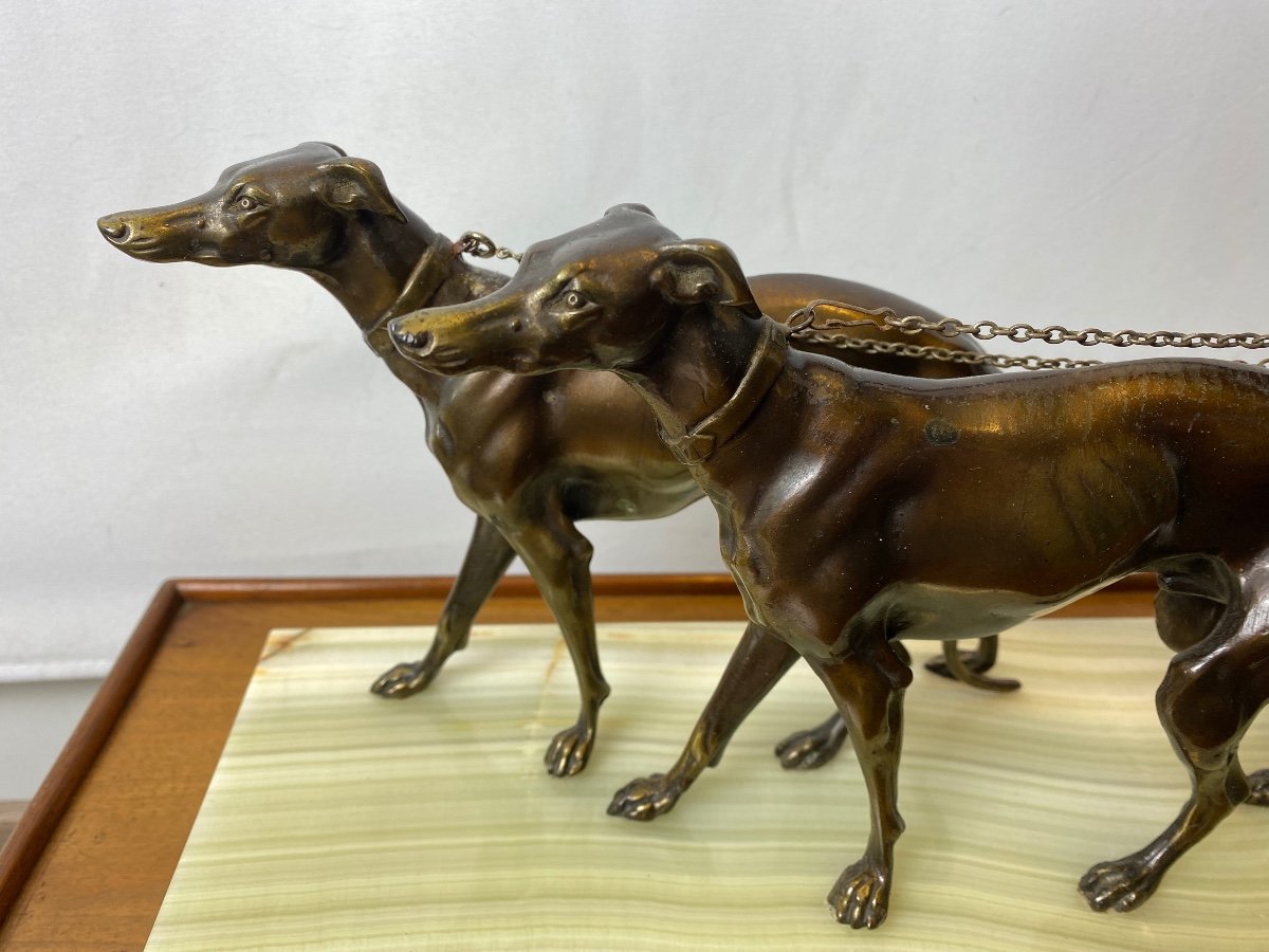 Sculpture Young Woman And Her Two Greyhounds Regulates With Bronze Patina On Onyx And Marble Base -photo-4