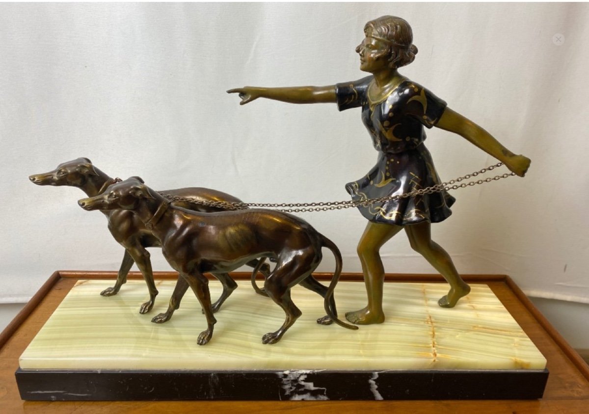 Sculpture Young Woman And Her Two Greyhounds Regulates With Bronze Patina On Onyx And Marble Base -photo-6