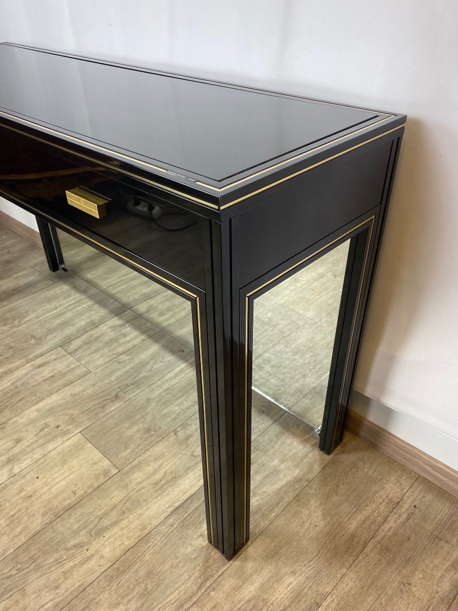 Black Lacquer Console 1970 By Pierre Vandel Rare Version With Integrated Mirror In Basement-photo-3