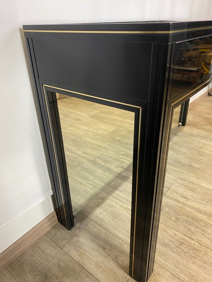 Black Lacquer Console 1970 By Pierre Vandel Rare Version With Integrated Mirror In Basement-photo-5