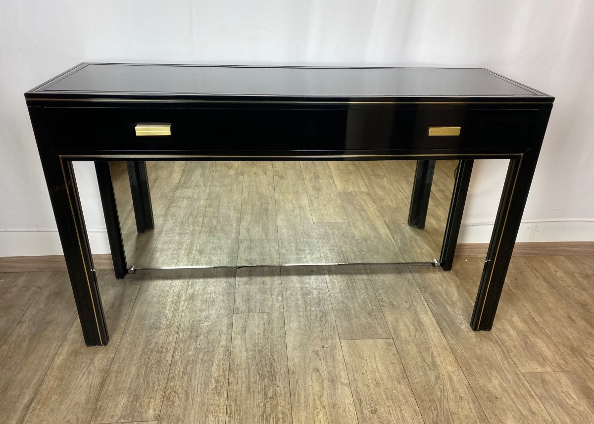 Black Lacquer Console 1970 By Pierre Vandel Rare Version With Integrated Mirror In Basement