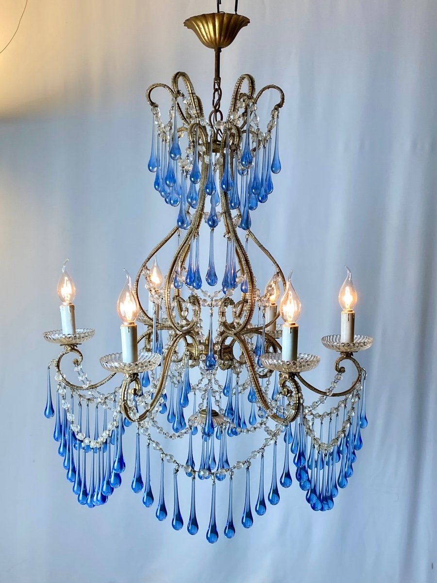 Louis XV Italian Banci Firenze Cage Chandelier Murano Blue And Gold Metal
