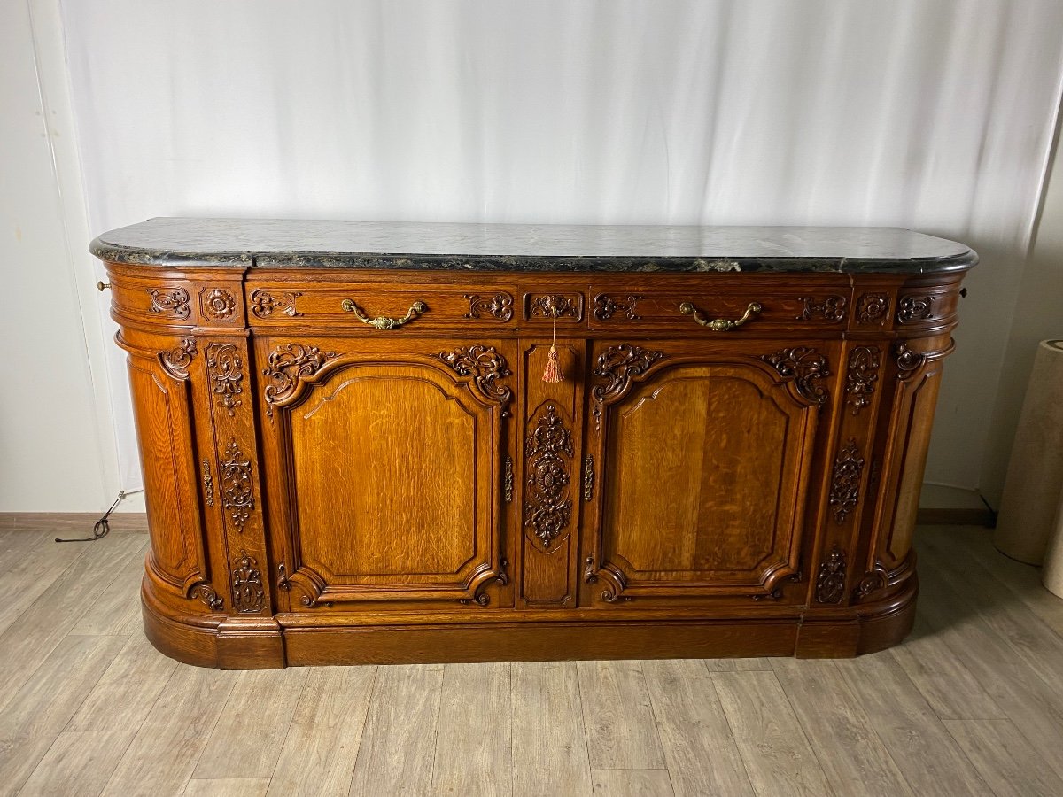 Regency Hunting Buffet Sideboard In Finely Carved Solid Blond Oak And Marble Top -photo-2