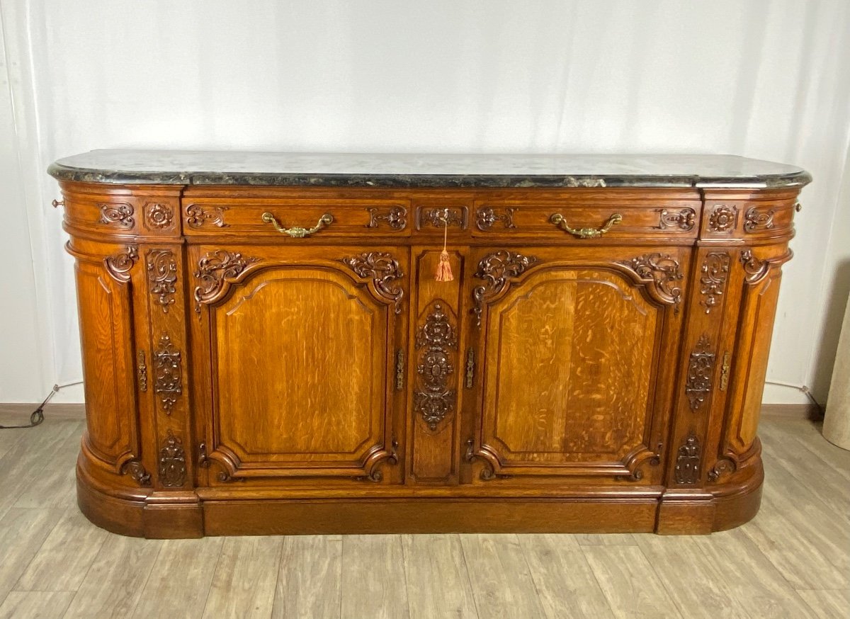 Regency Hunting Buffet Sideboard In Finely Carved Solid Blond Oak And Marble Top 