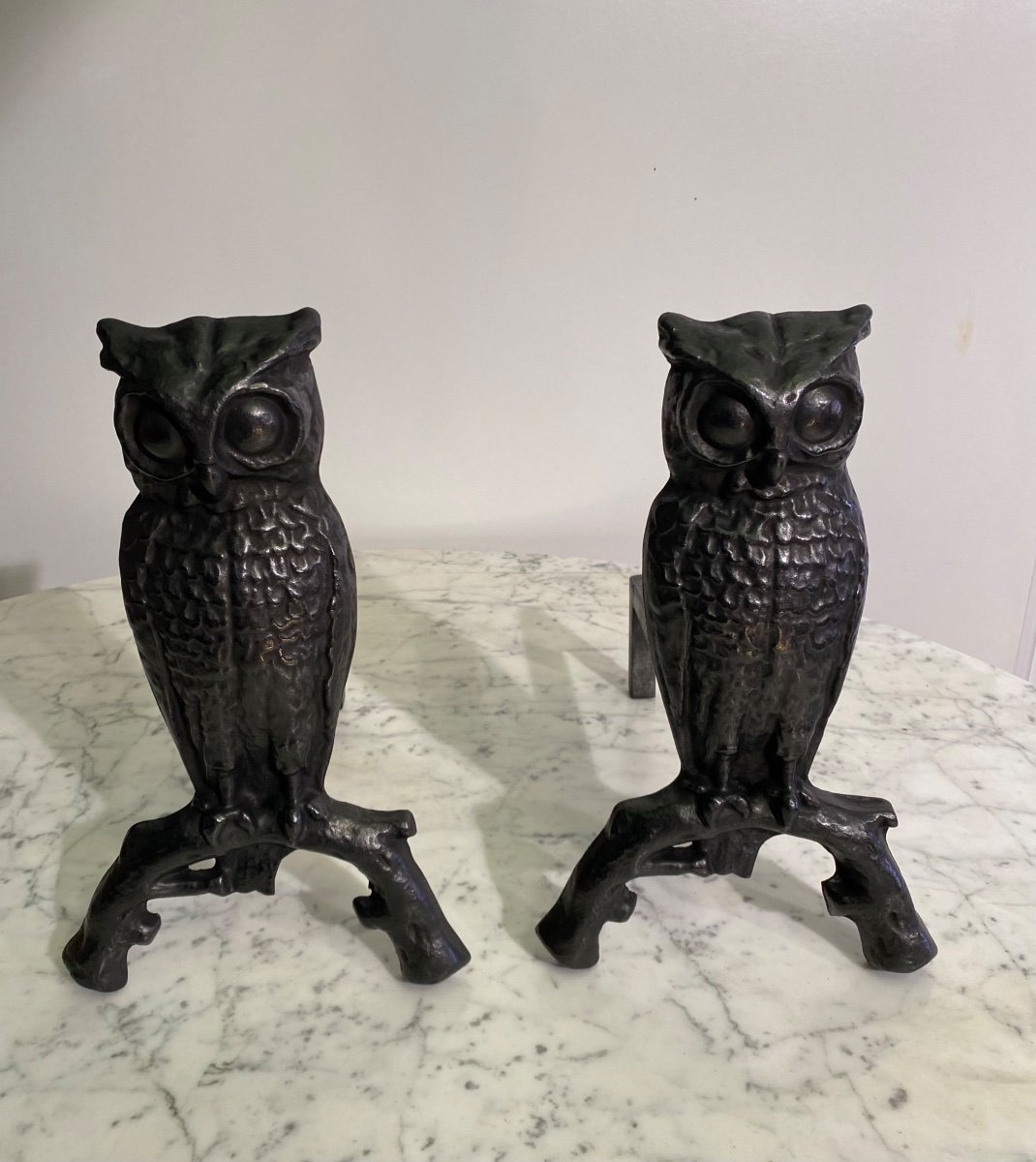 Pair Of Andirons In Cast Iron And Wrought Iron Owl Model 1950 1960-photo-2