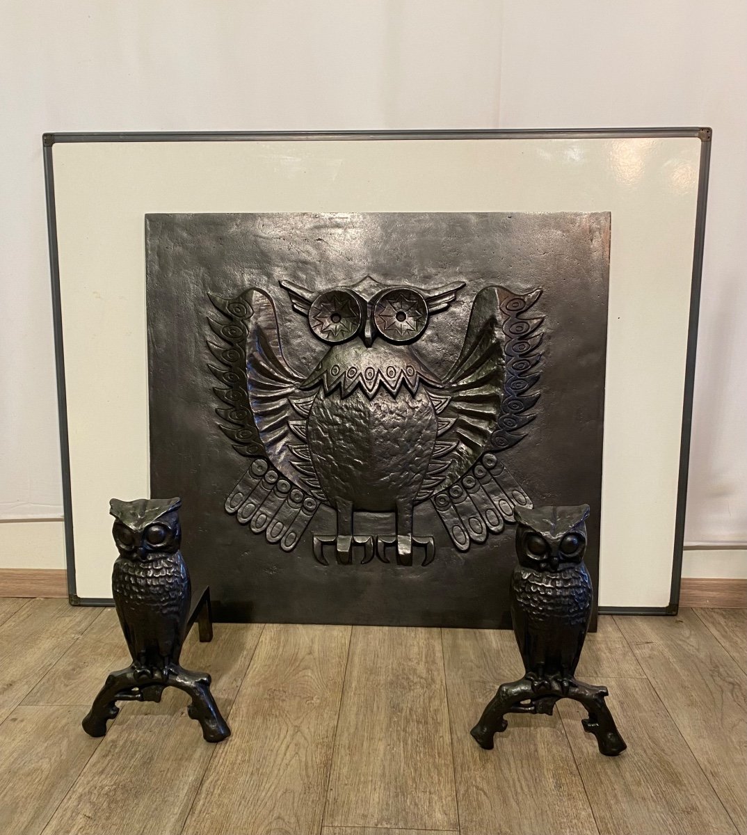 Pair Of Andirons In Cast Iron And Wrought Iron Owl Model 1950 1960-photo-3