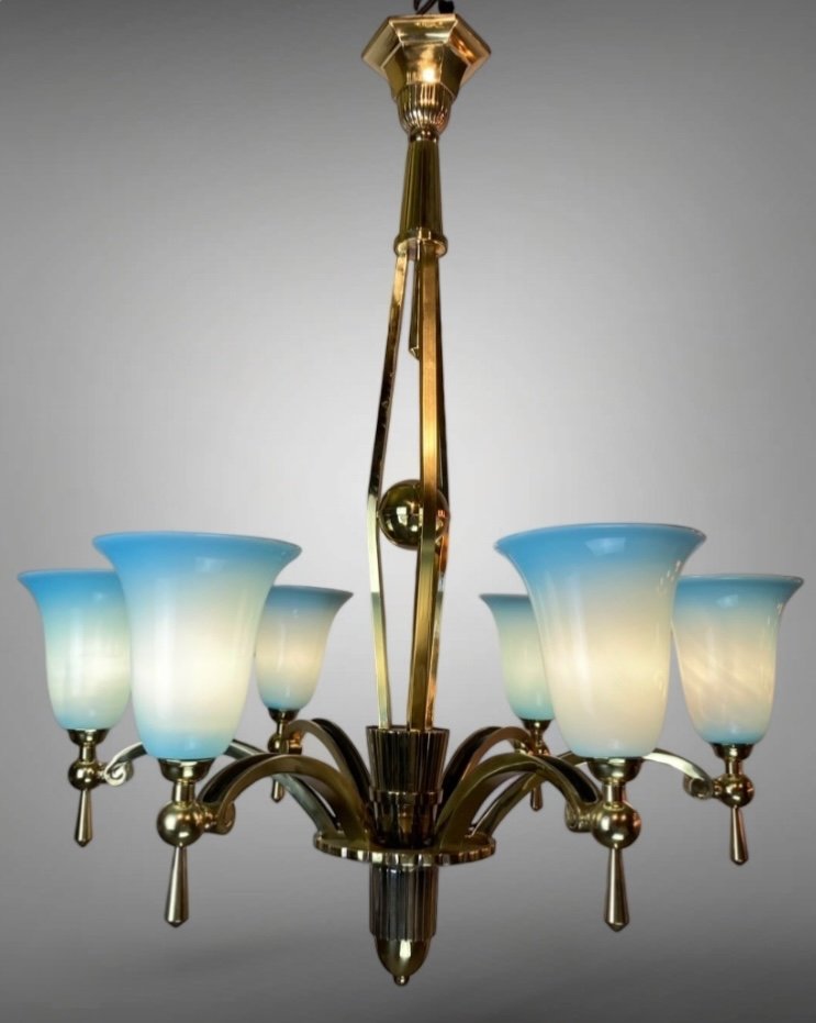 Lustre Art Deco Moderniste 1930 En Bronze Et Opaline Bleue -photo-2