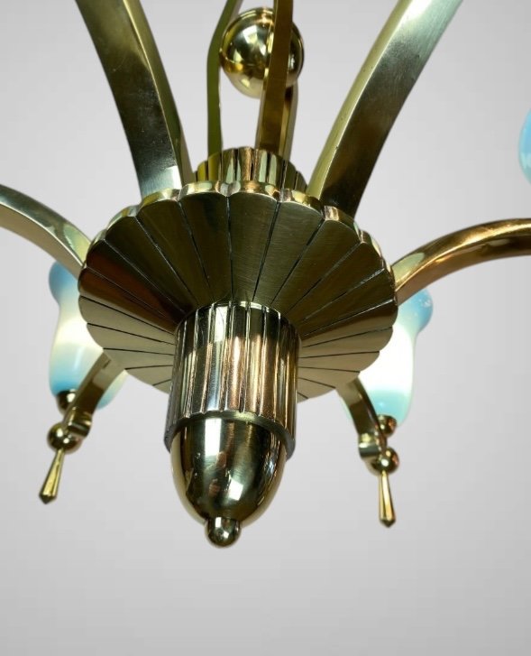 Lustre Art Deco Moderniste 1930 En Bronze Et Opaline Bleue -photo-4