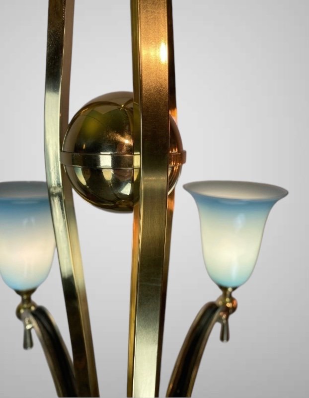 Lustre Art Deco Moderniste 1930 En Bronze Et Opaline Bleue -photo-1