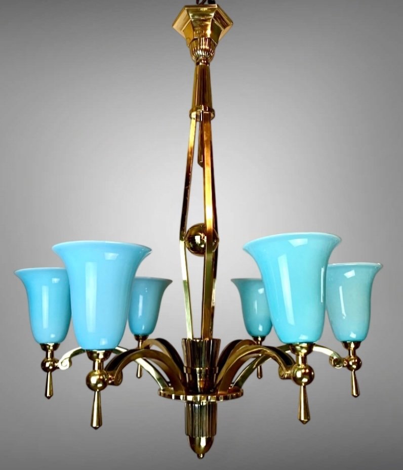 Lustre Art Deco Moderniste 1930 En Bronze Et Opaline Bleue 