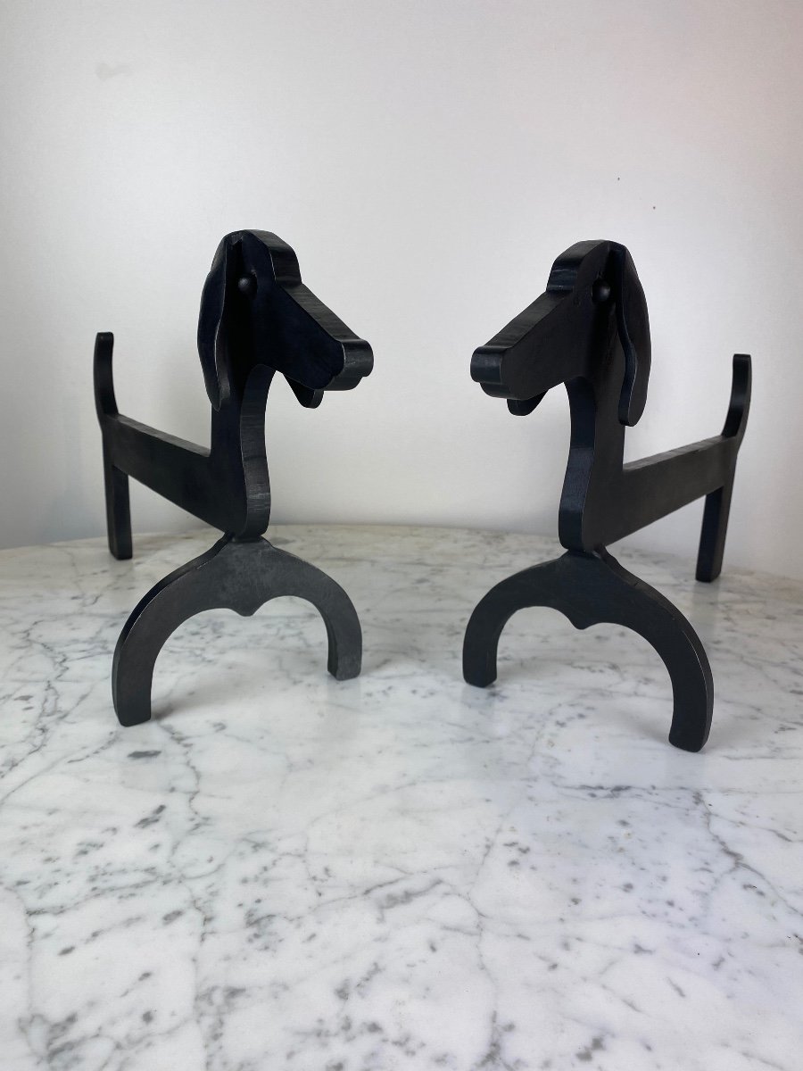 Pair Of Zoomorphic Andirons Couple Of Dachshunds By Edouard Schenck 1950 