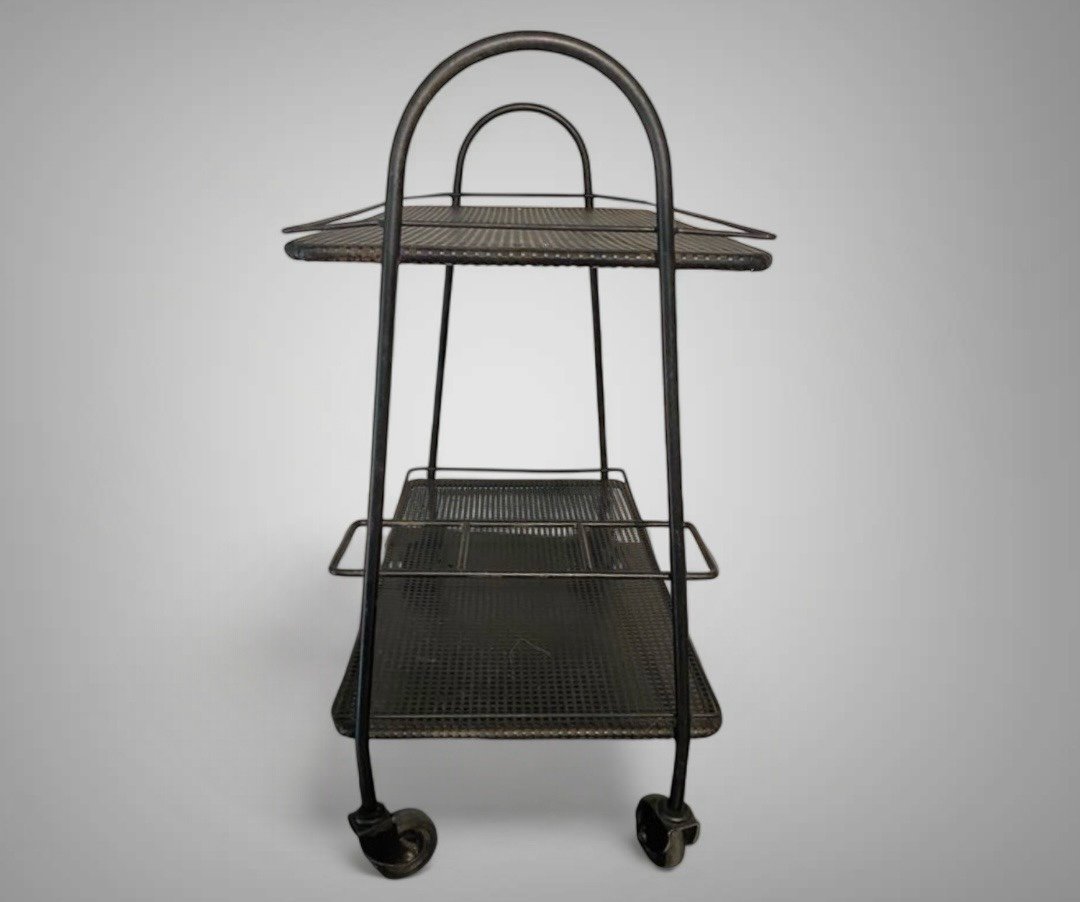 Mathieu Mategot Trollet Dessert Trolley On Wheels In Black Perforated Metal 1950-photo-2