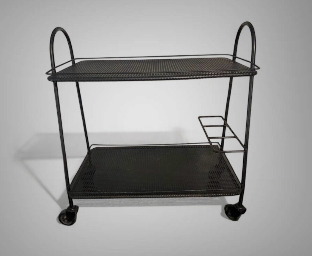 Mathieu Mategot Trollet Dessert Trolley On Wheels In Black Perforated Metal 1950