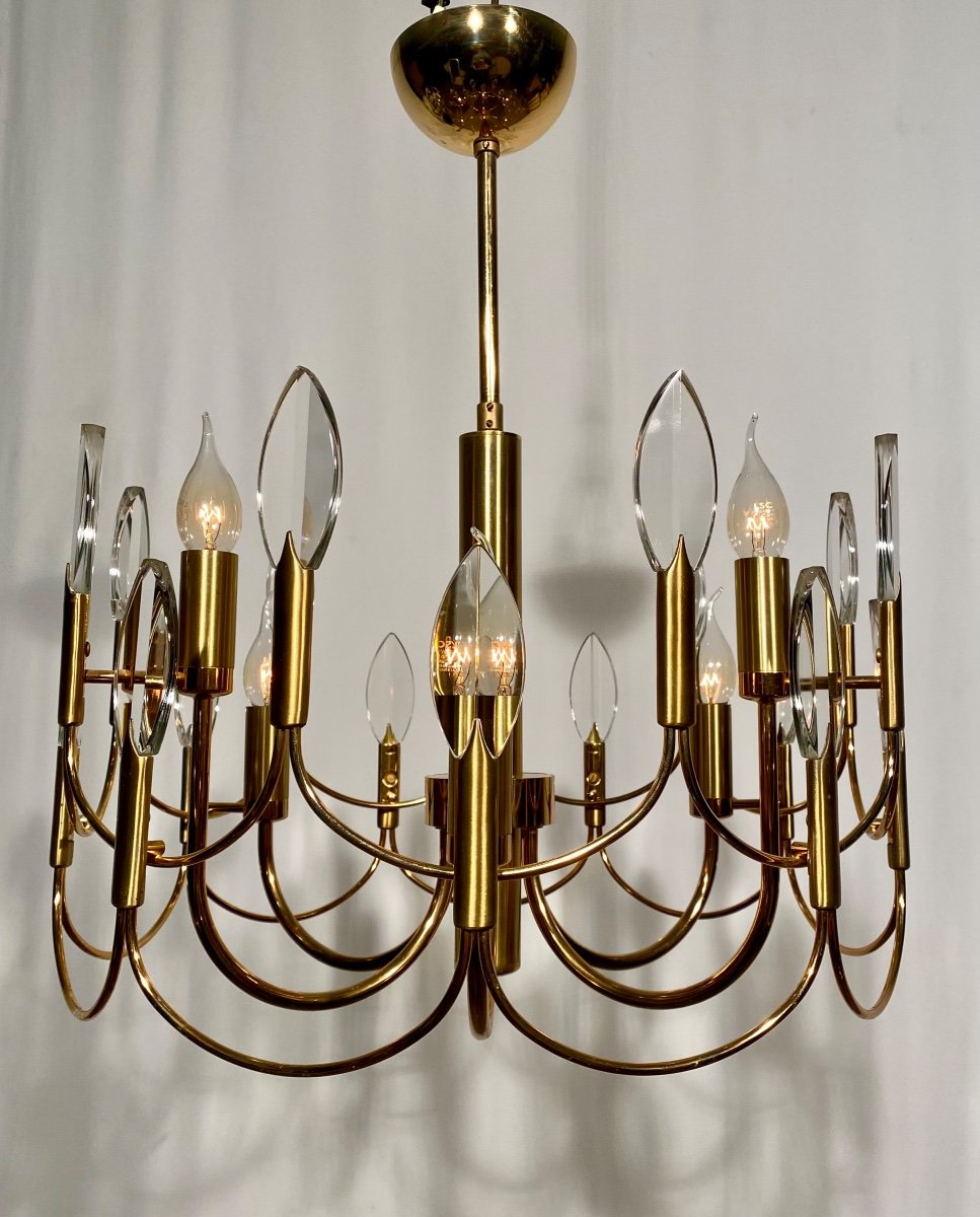 Gaetano Sciolari 6-light Leaf Or Flame Shaped Crystals Gilded Brass Chandelier-photo-2