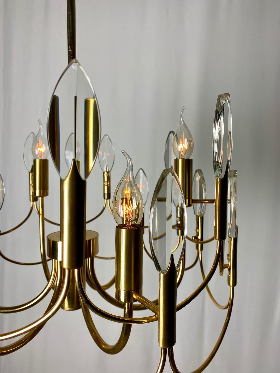 Gaetano Sciolari 6-light Leaf Or Flame Shaped Crystals Gilded Brass Chandelier-photo-4