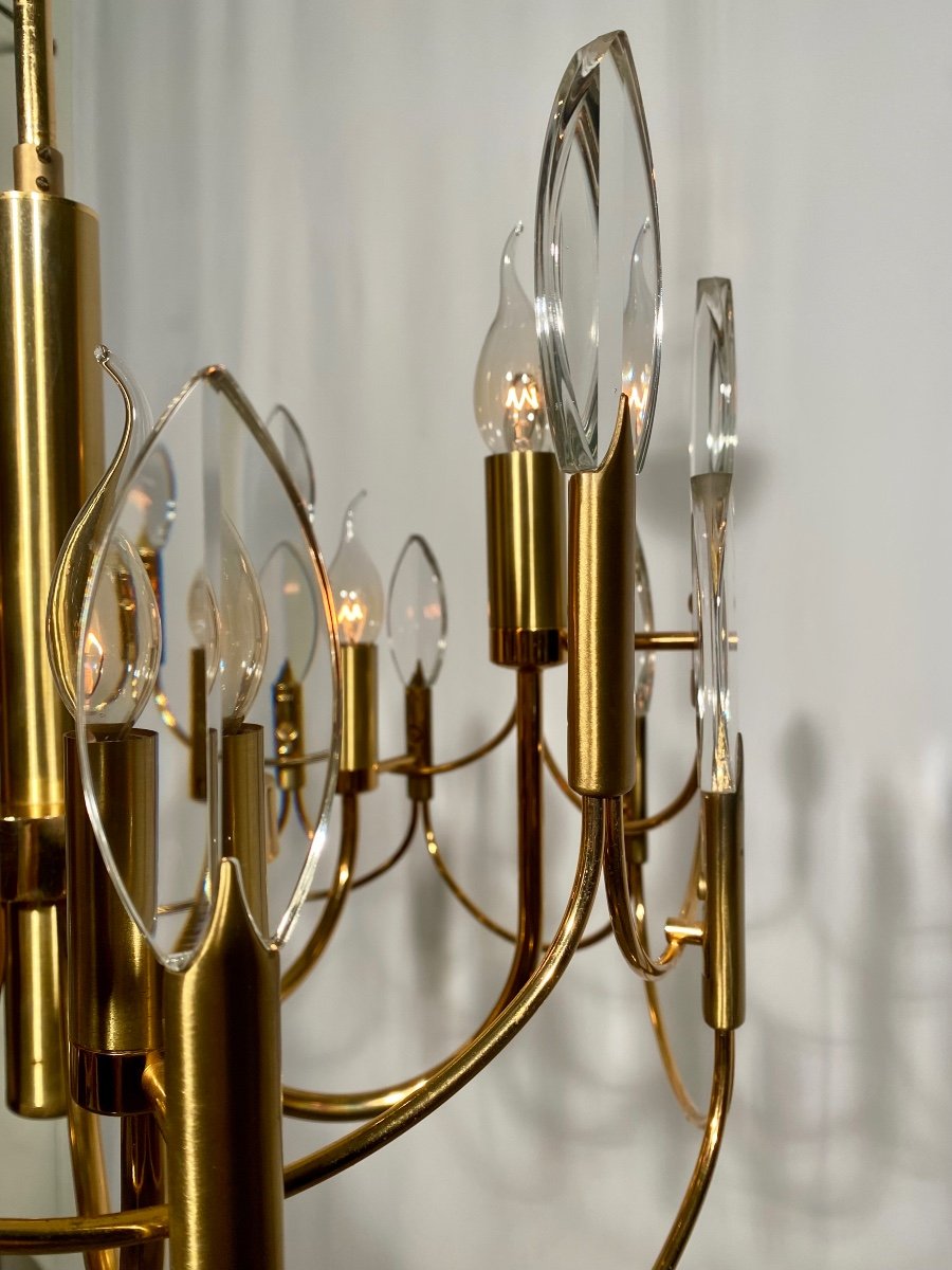 Gaetano Sciolari 6-light Leaf Or Flame Shaped Crystals Gilded Brass Chandelier-photo-2