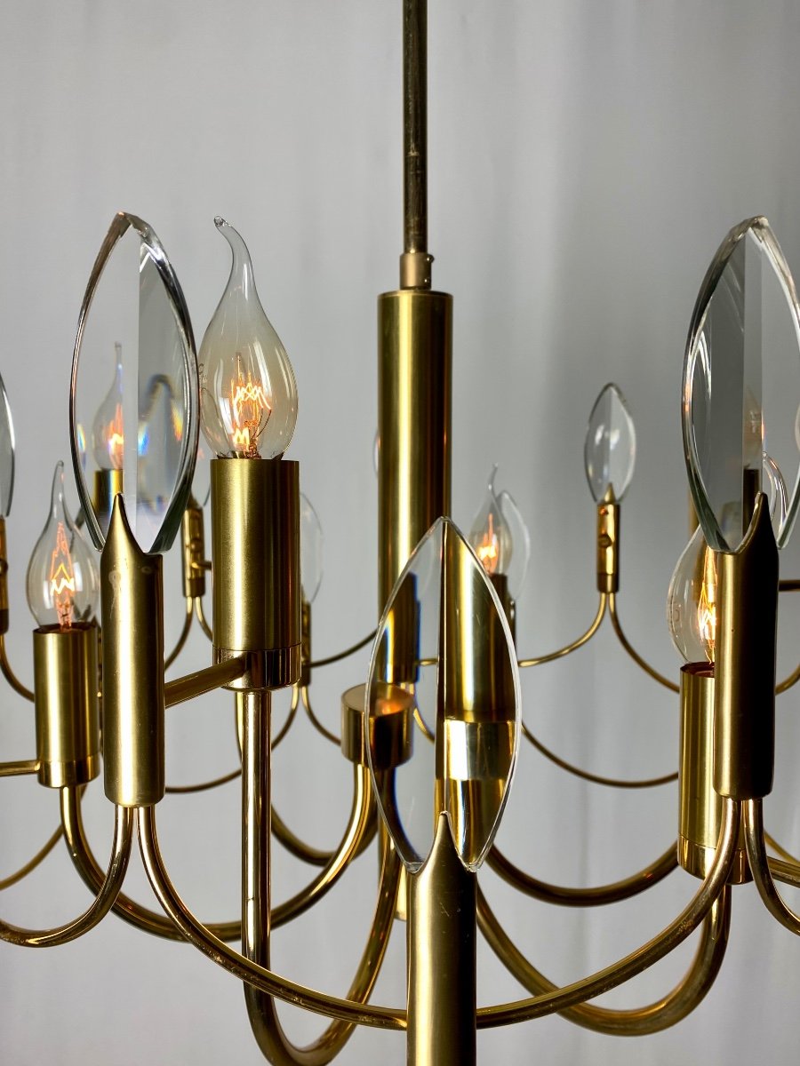 Gaetano Sciolari 6-light Leaf Or Flame Shaped Crystals Gilded Brass Chandelier-photo-3