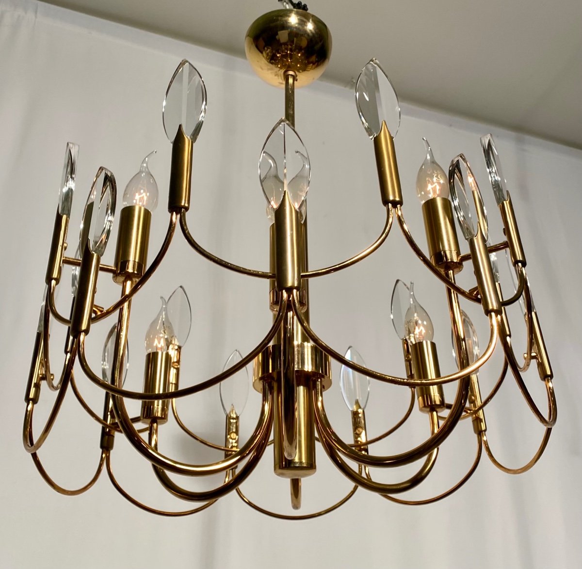 Gaetano Sciolari 6-light Leaf Or Flame Shaped Crystals Gilded Brass Chandelier-photo-7