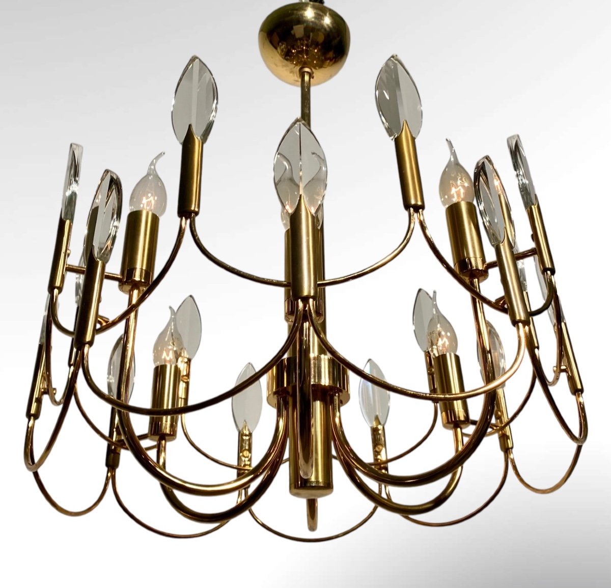 Gaetano Sciolari 6-light Leaf Or Flame Shaped Crystals Gilded Brass Chandelier