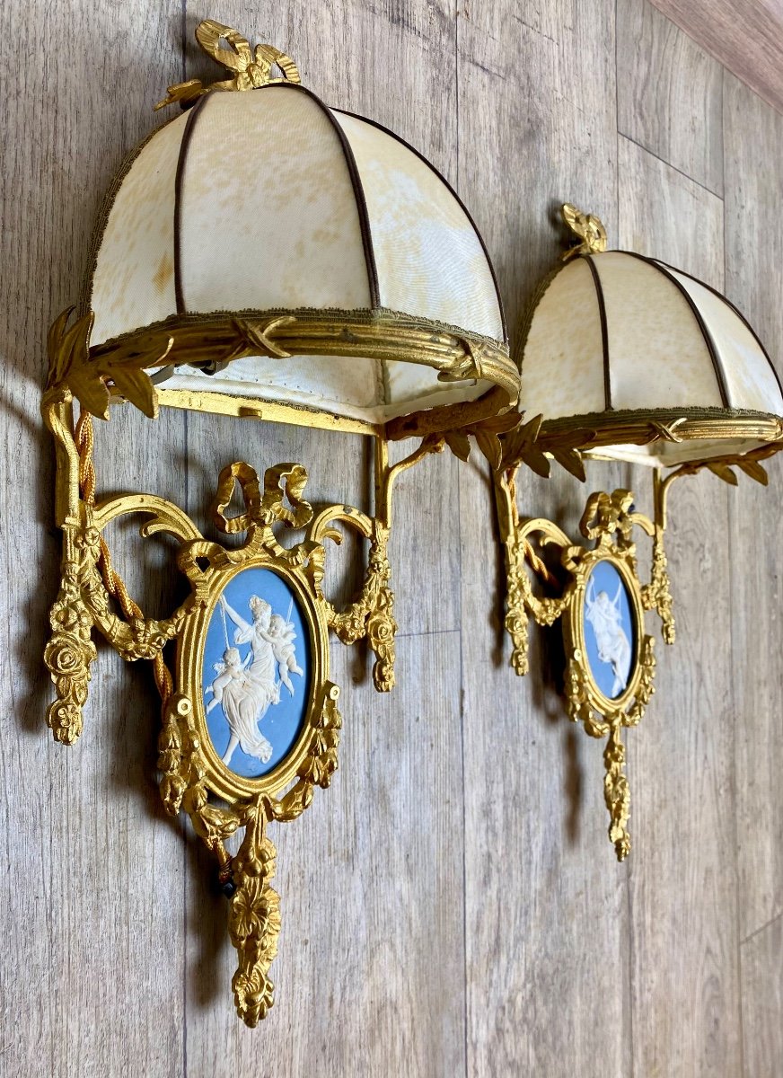 Pair Of Gilt Louis XVI Bronze Sconces Wedgwood Blue And White Porcelain Dome Shades-photo-2