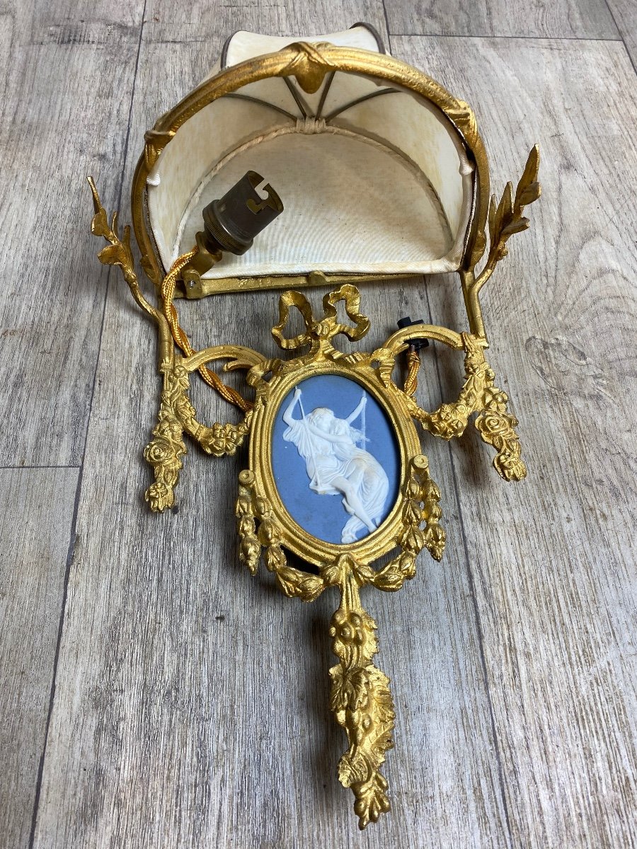 Pair Of Gilt Louis XVI Bronze Sconces Wedgwood Blue And White Porcelain Dome Shades-photo-1