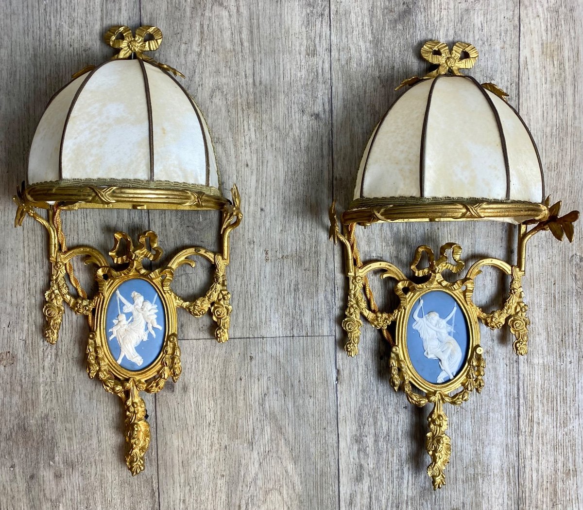 Pair Of Gilt Louis XVI Bronze Sconces Wedgwood Blue And White Porcelain Dome Shades-photo-5