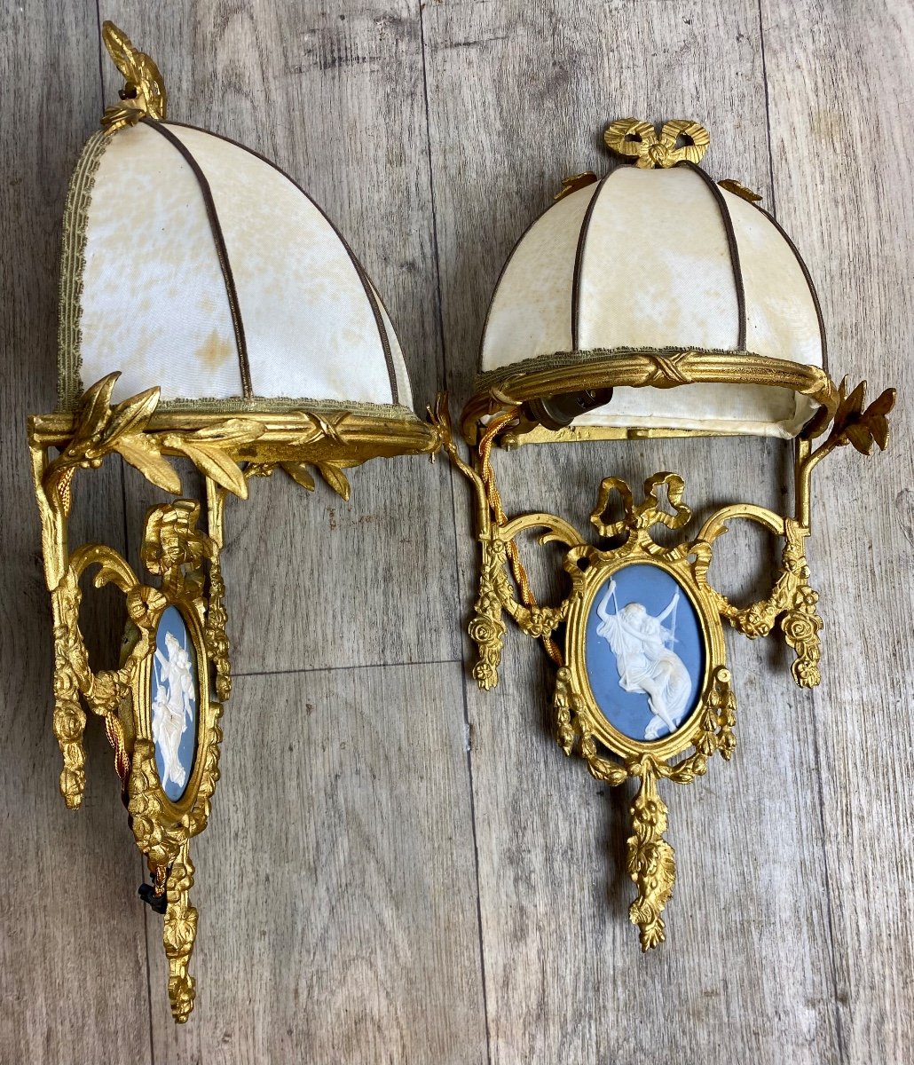 Pair Of Gilt Louis XVI Bronze Sconces Wedgwood Blue And White Porcelain Dome Shades-photo-6