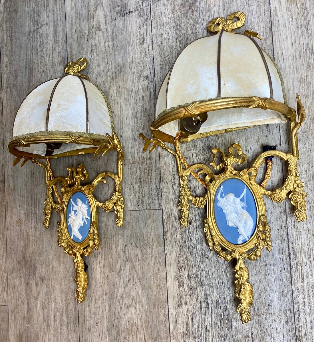 Pair Of Gilt Louis XVI Bronze Sconces Wedgwood Blue And White Porcelain Dome Shades