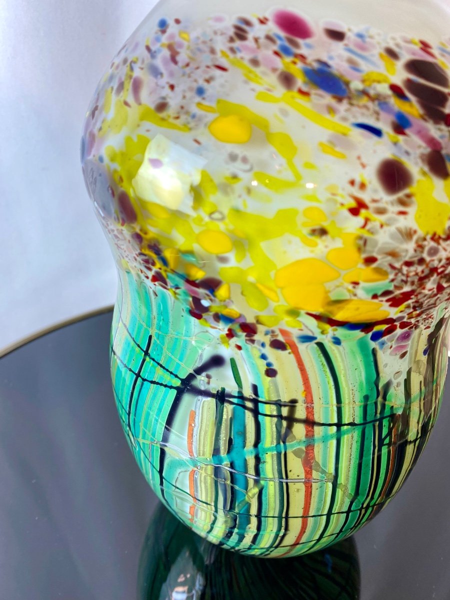 Vase En Pâte De Verre Multicolore Signé Anastasescu Murano-photo-3