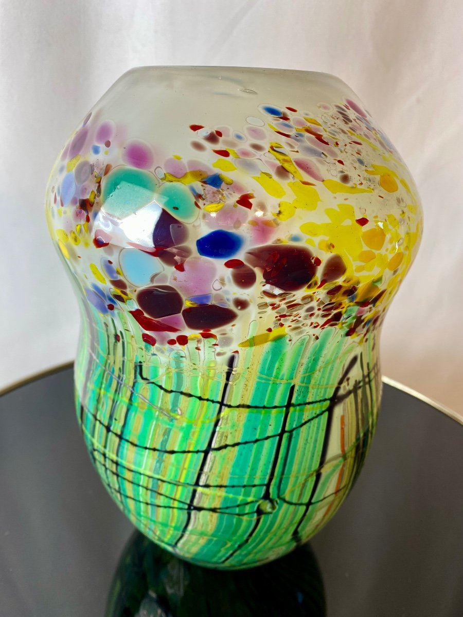 Vase En Pâte De Verre Multicolore Signé Anastasescu Murano-photo-4