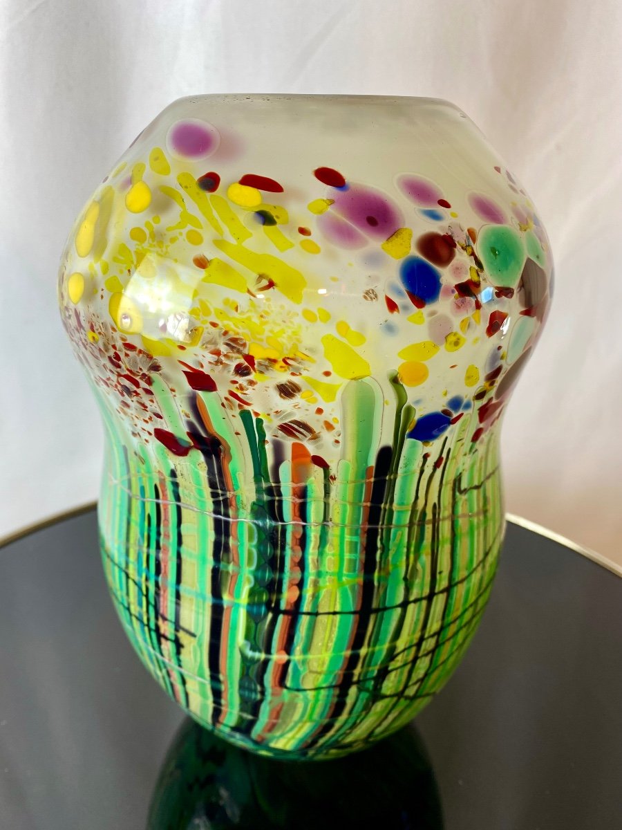 Vase En Pâte De Verre Multicolore Signé Anastasescu Murano-photo-2