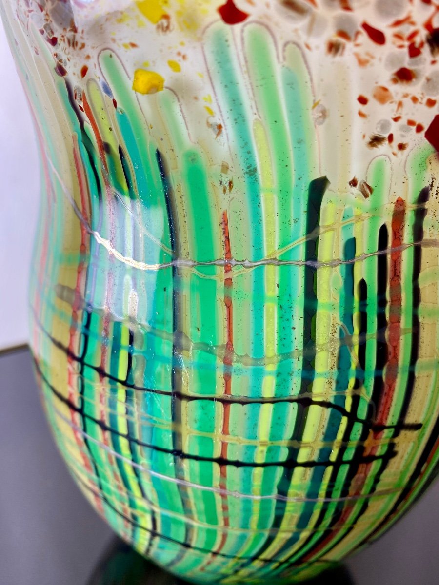 Vase En Pâte De Verre Multicolore Signé Anastasescu Murano-photo-3