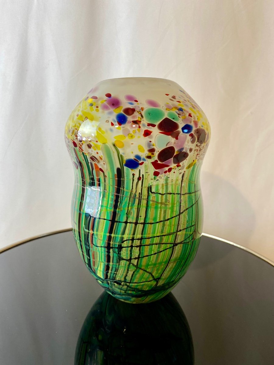 Vase En Pâte De Verre Multicolore Signé Anastasescu Murano