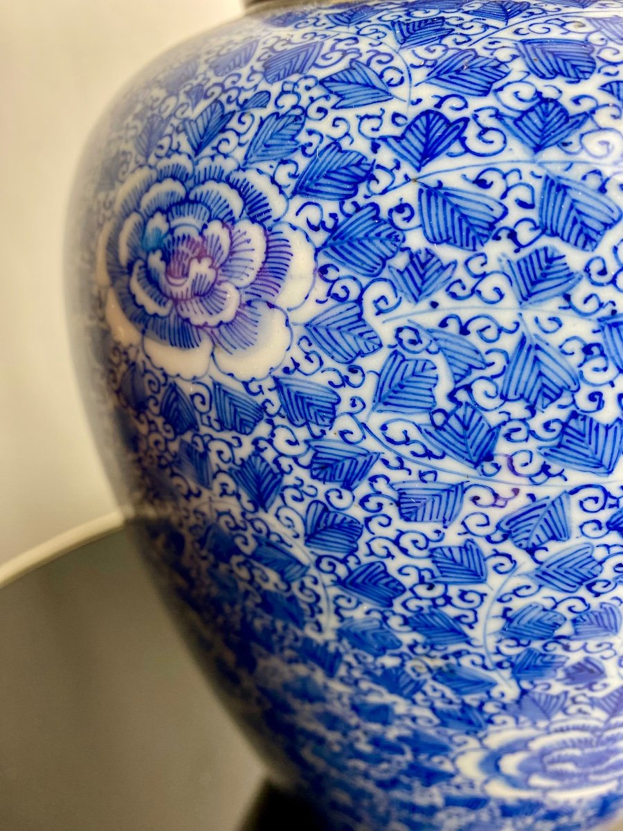 Grand Pot à Gingembre Chinois XIXeme Porcelaine Motif De Lotus Bleu Sur Fond Blanc Vase Chine -photo-4