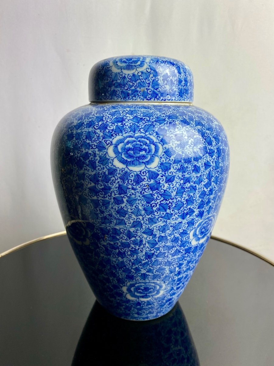 Grand Pot à Gingembre Chinois XIXeme Porcelaine Motif De Lotus Bleu Sur Fond Blanc Vase Chine 