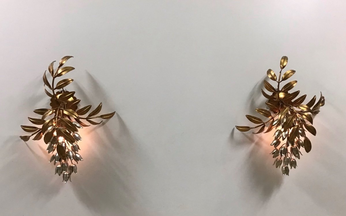 Hans Kogl Pair Of Wisteria Wall Lights In Gold And Silver Metal 