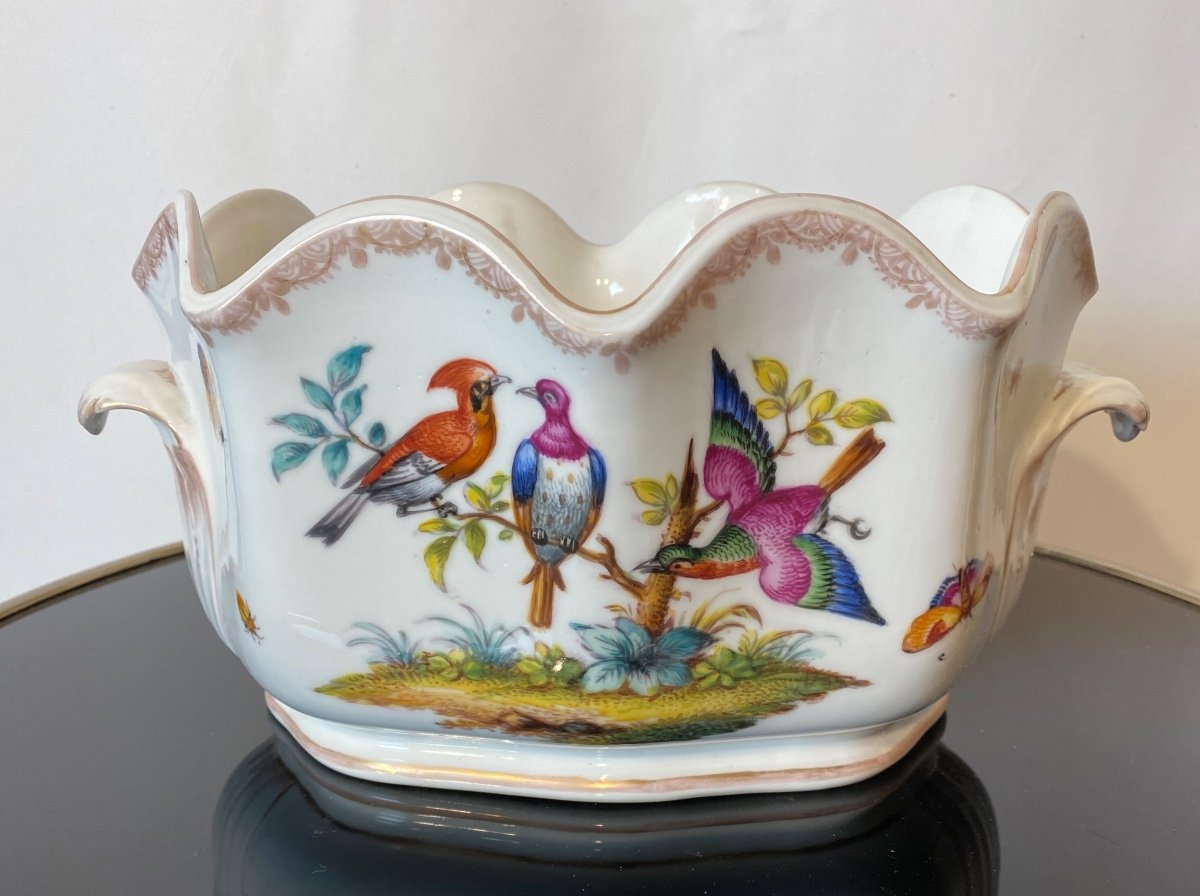 Verrière Rafraîchissoir 19ème de Helena Wolfsohn En Porcelaine à Décors D’oiseaux Et Papillons 