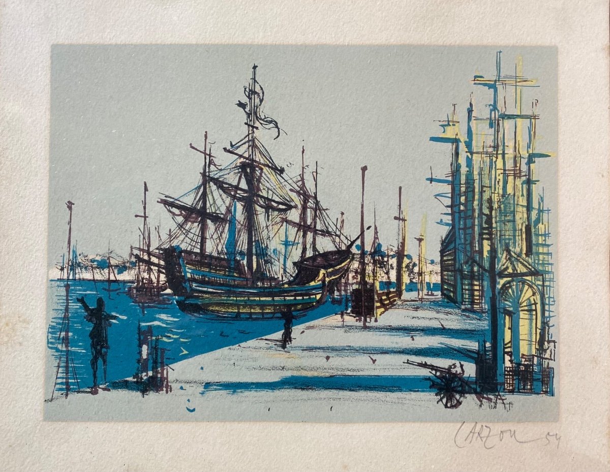 Jean Carzou 1954 ( 1907-2000 ) Vue D’un Port   Lithographie Signée-photo-2