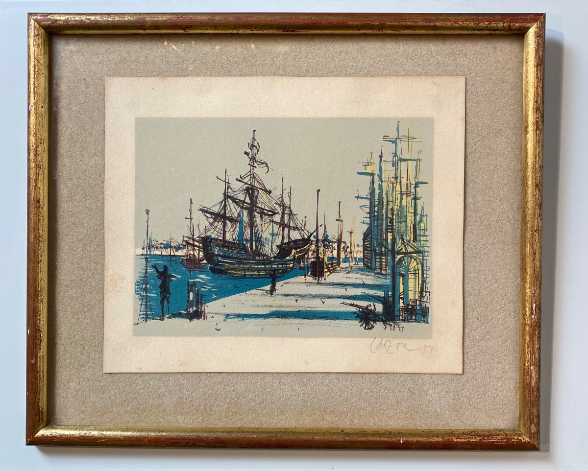 Jean Carzou 1954 ( 1907-2000 ) Vue D’un Port   Lithographie Signée